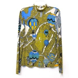 Tory Burch Balloons In The Sky Print Top Blouse Mock Neck Hot Air Green 12